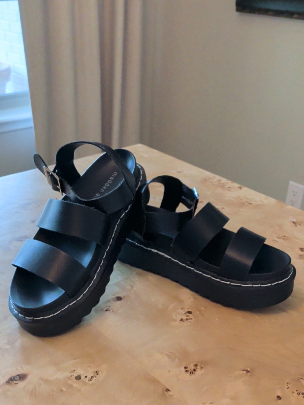 Madden Girl Black Triple-Strap Platform Sandals with Buckle Size 8